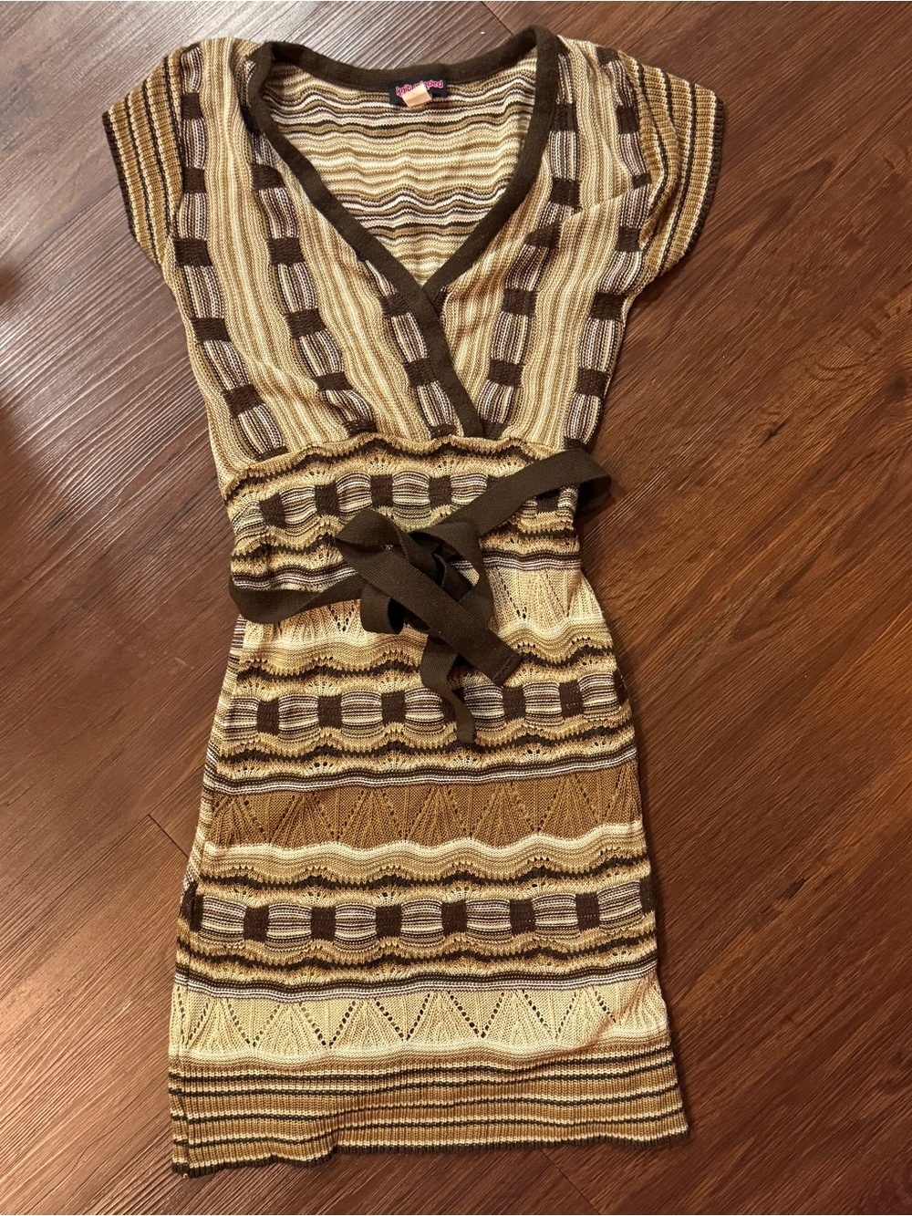 Y2K Knit Wrap-Style sweater Dress in Brown & Cream S